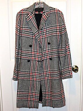 Finity Studio Wool Blend Double Breasted PEA COAT w/belt Houndstooth RED BLACK
